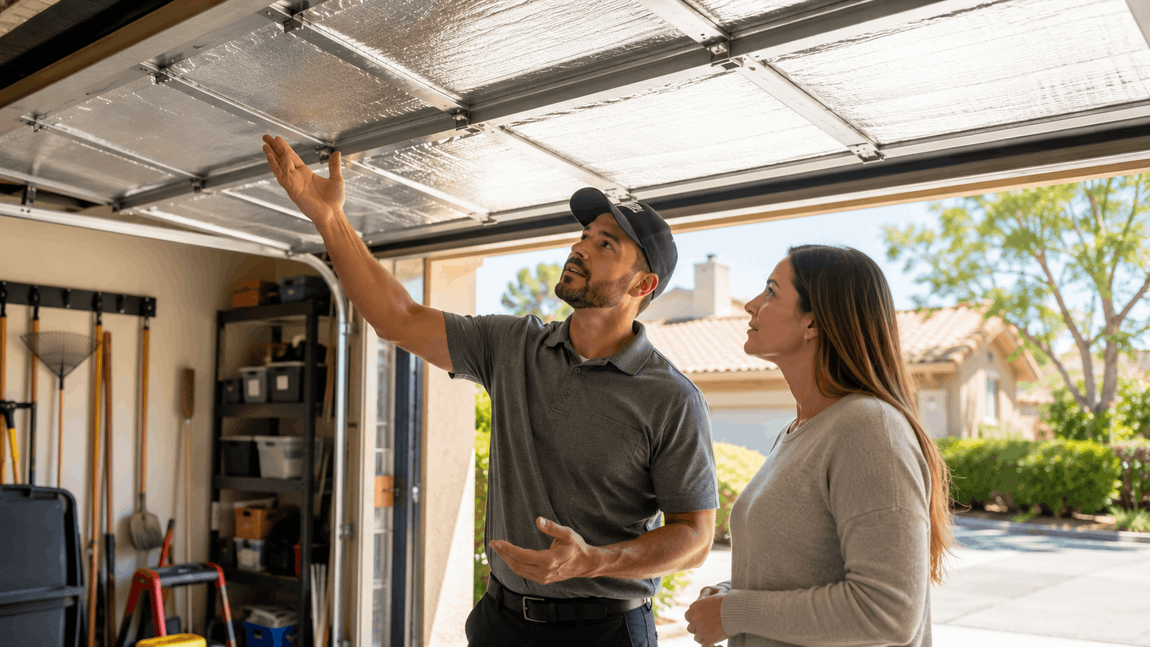 Garage door technician explaining insulated door panels to Irvine homeowner in open garage