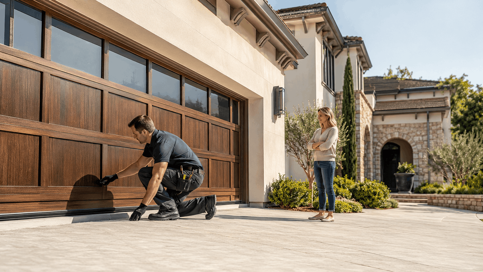 Garage door technician repairing wooden panel door at Nellie Gail Ranch luxury home