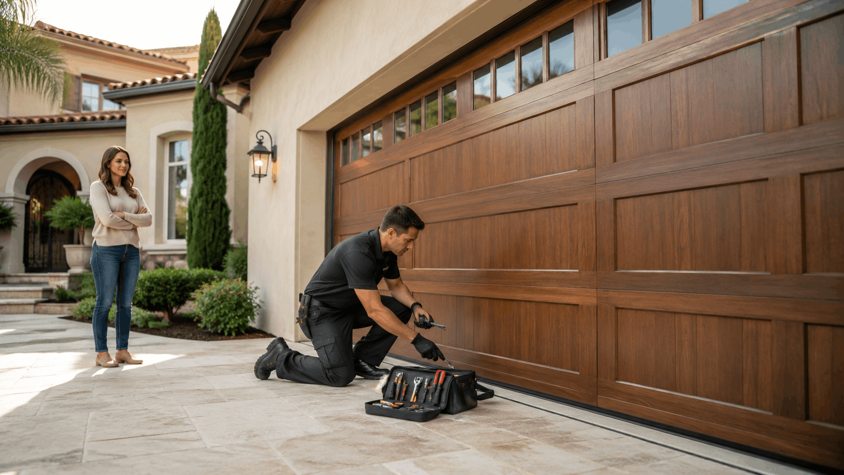 Garage door technician repairing large wood panel estate garage door in Irvine