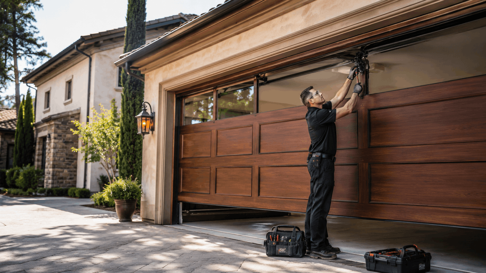 Garage door opener technician upgrading large wooden door mechanism in Irvine home