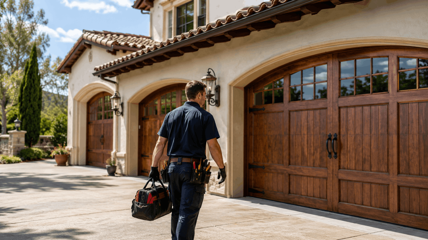 Garage door technician carrying tool bag approaching luxury Spanish-style home in Irvine