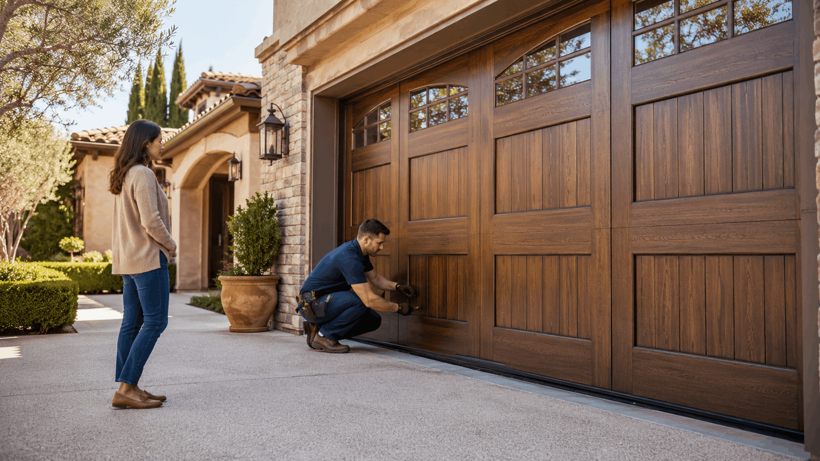 Garage door technician inspecting wooden garage door while homeowner watches in Irvine