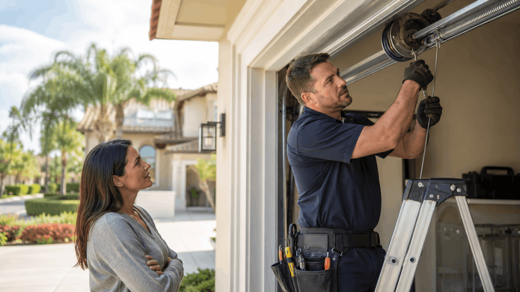 Garage door cable repair technician on ladder while homeowner watches in Irvine
