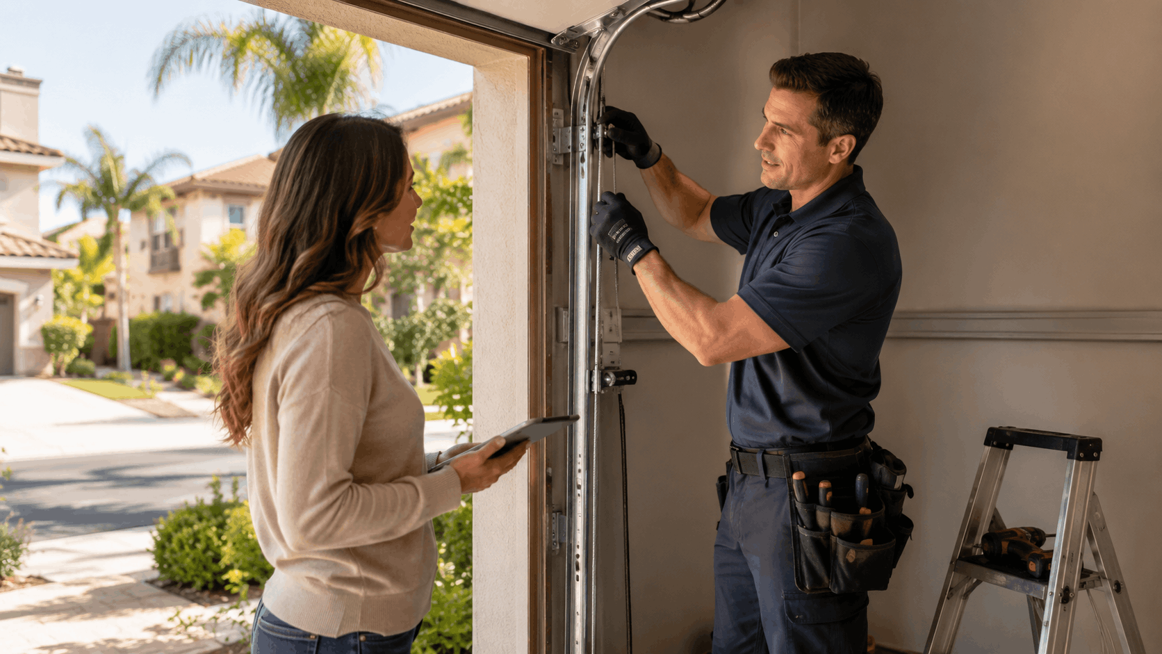 Garage door technician repairing track while homeowner holds tablet in Irvine neighborhood