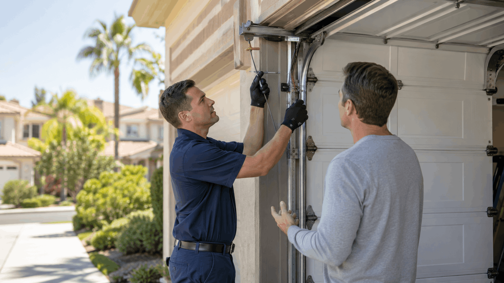 Professional garage door technician in uniform repairing cable and track mechanism for Irvine homeowner