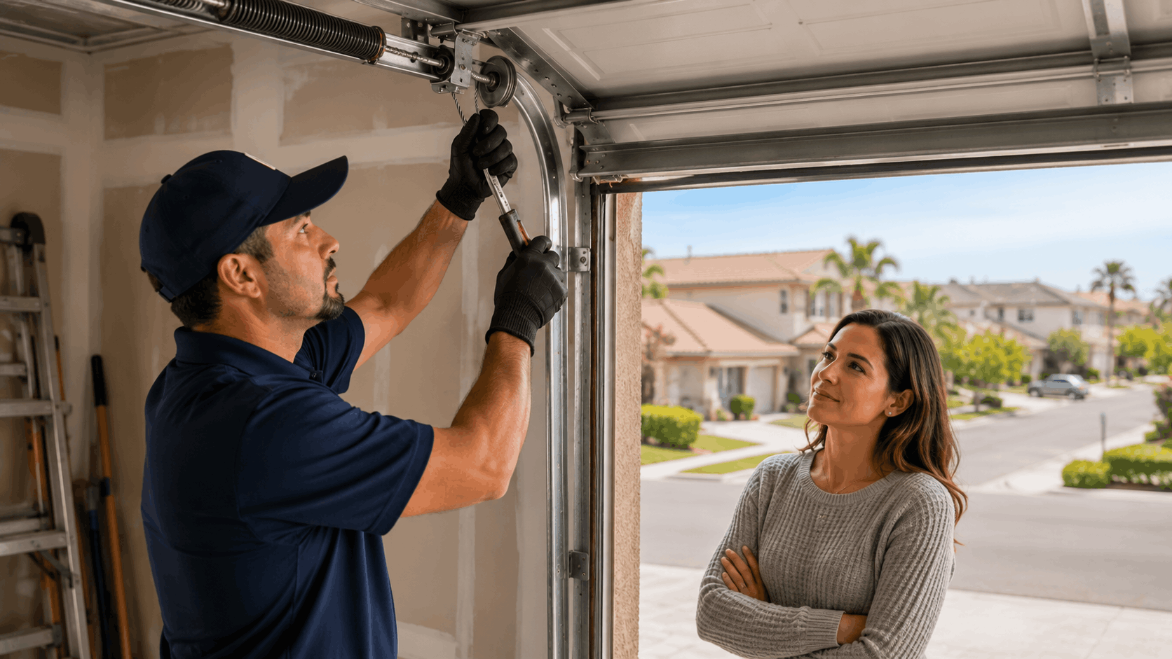 Garage door technician repairing spring mechanism while Irvine homeowner watches nearby