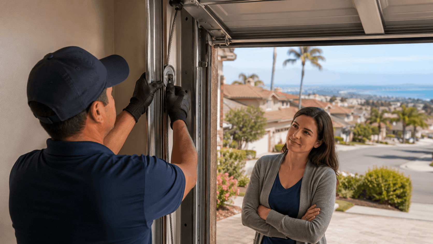 Garage door technician repairing cable mechanism while Irvine homeowner watches nearby