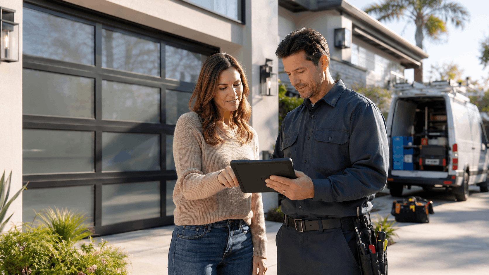 Homeowner reviewing CSLB verification on tablet with licensed garage door technician in Irvine