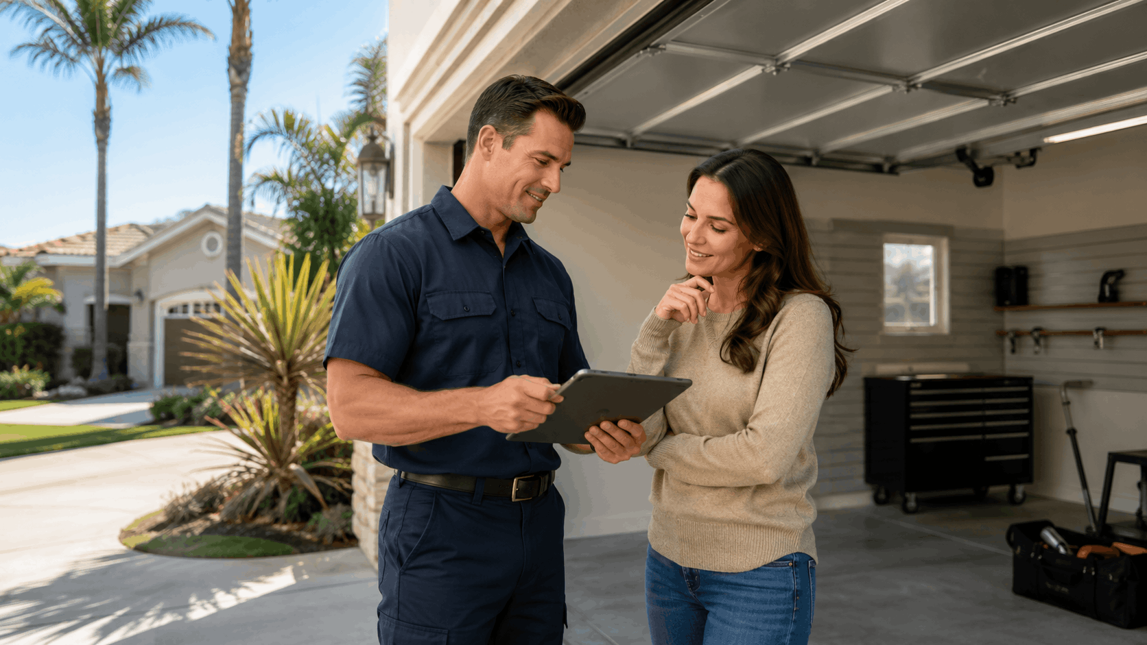 Homeowner reviewing garage door service estimate with technician on digital tablet