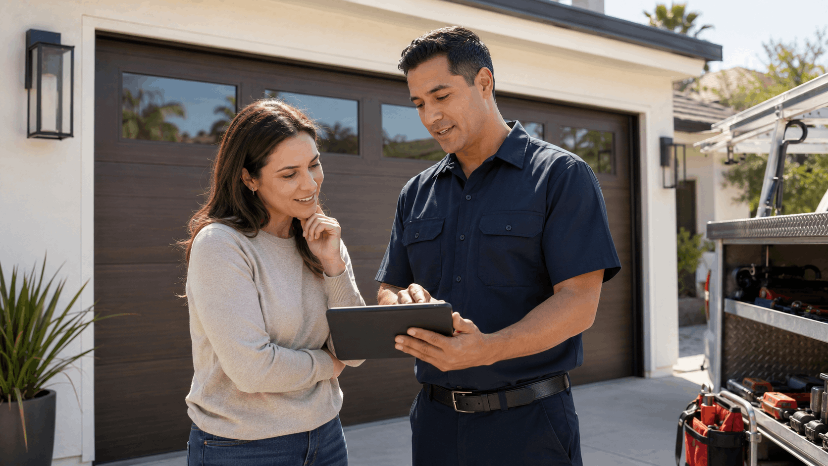 Homeowner reviewing garage door service quote with technician on tablet in Irvine driveway