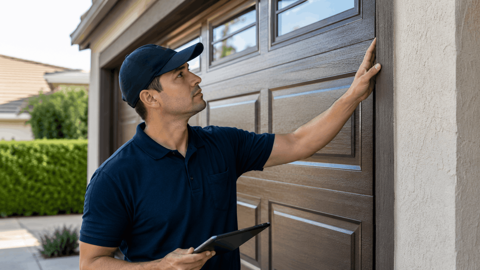 Garage door technician inspecting residential garage door while holding tablet in Irvine