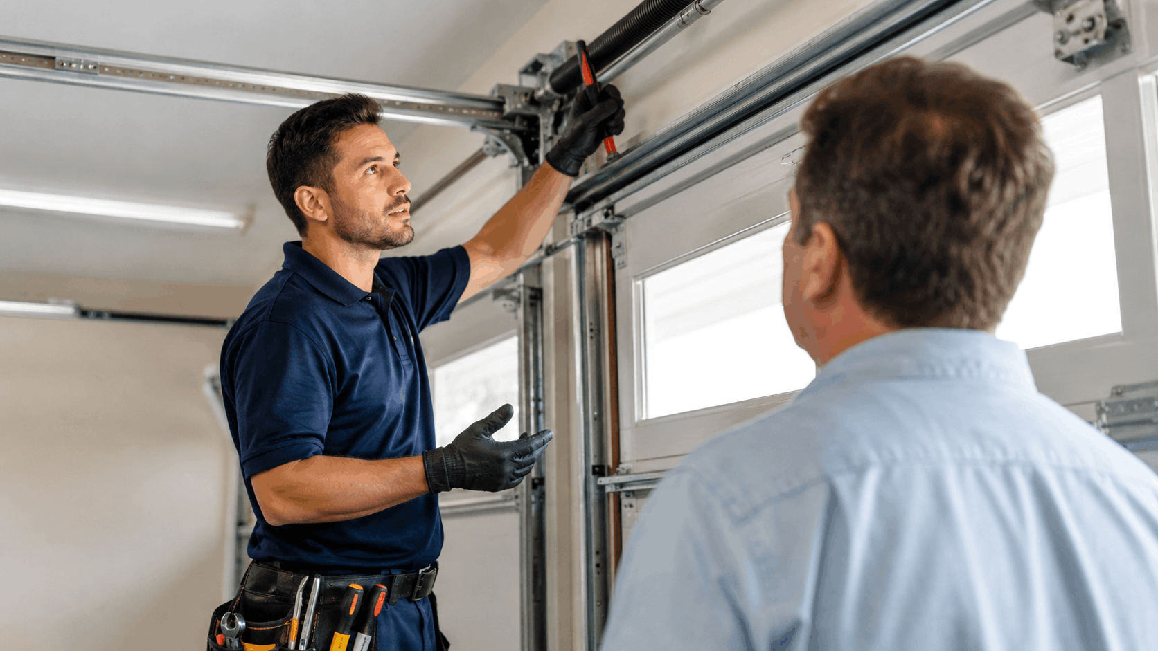 Garage door technician explaining spring repair to Irvine homeowner inside garage