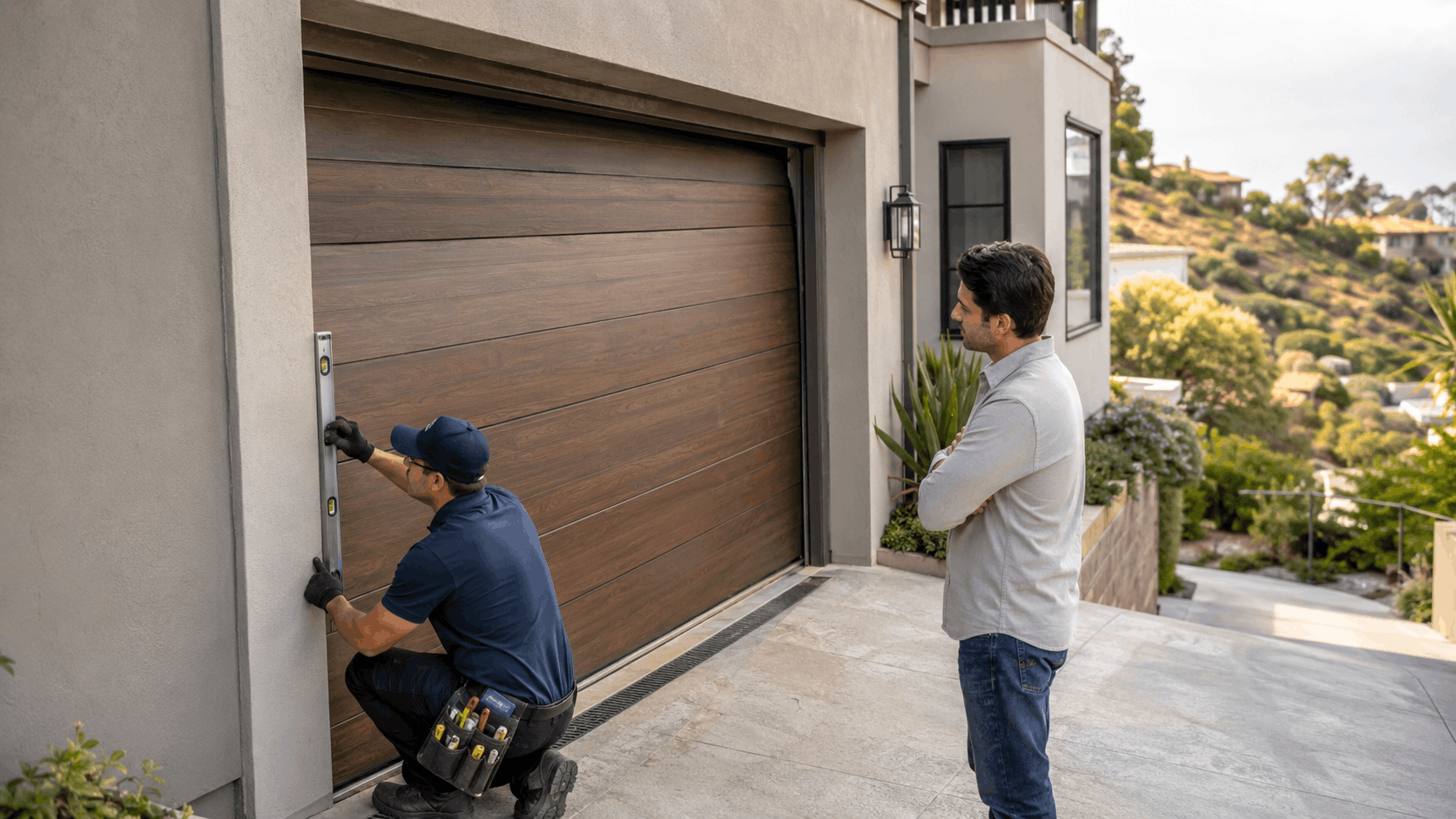 Garage door technician using level to inspect wood panel door at Anaheim Hills hillside home