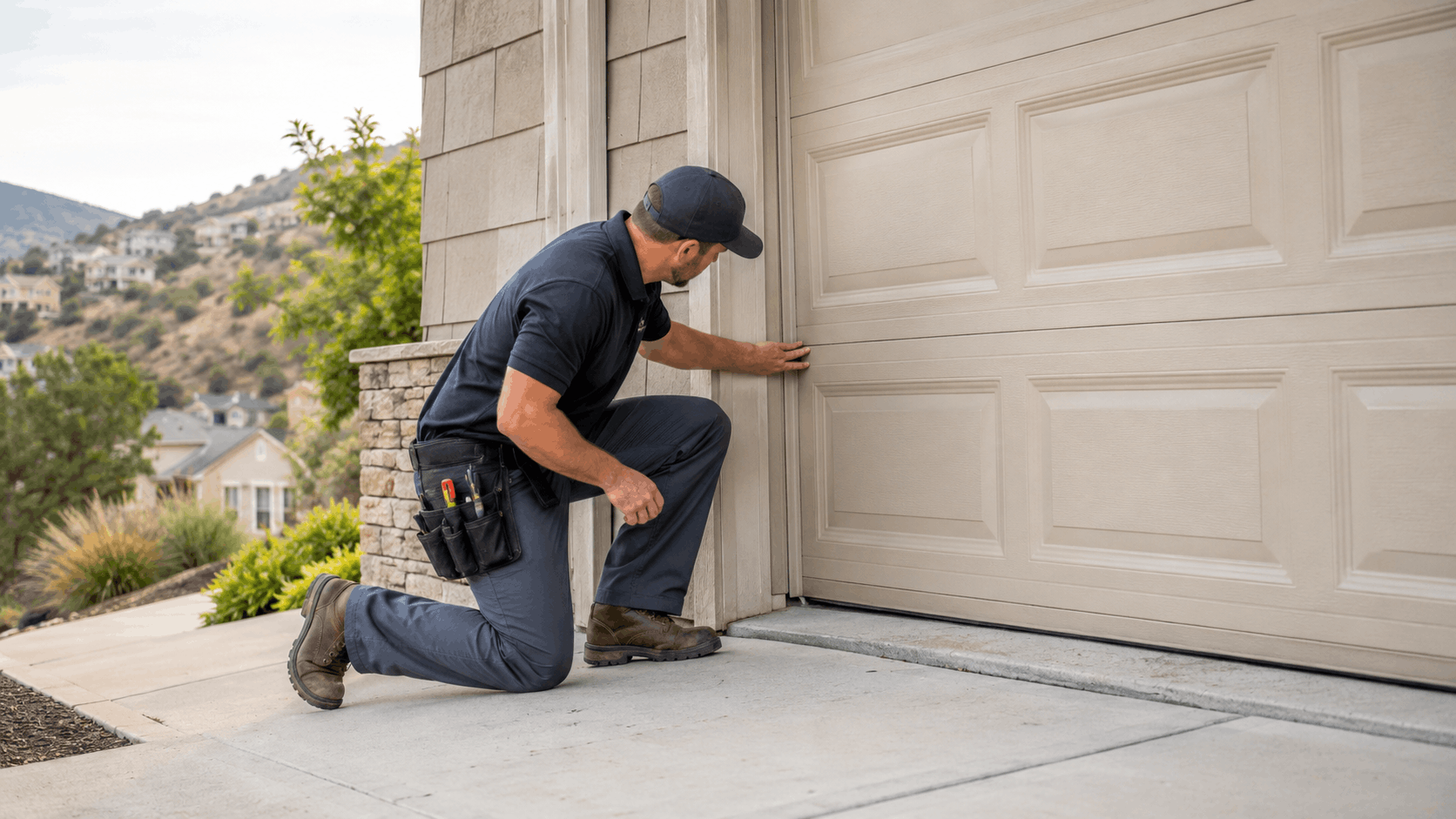 Garage door technician kneeling inspecting side panel seal for settling damage