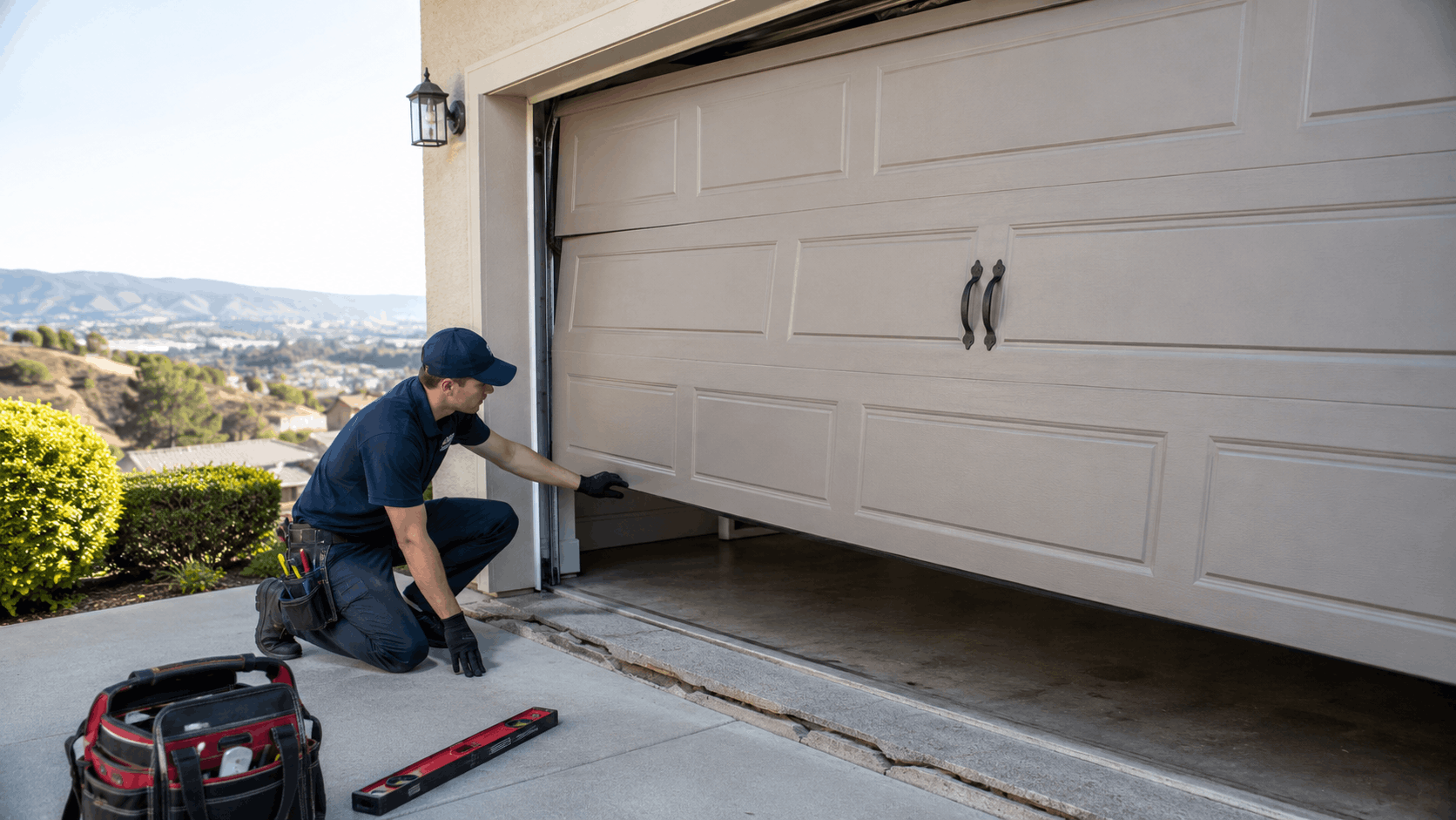 Garage door technician inspecting settling gap at bottom of residential garage door