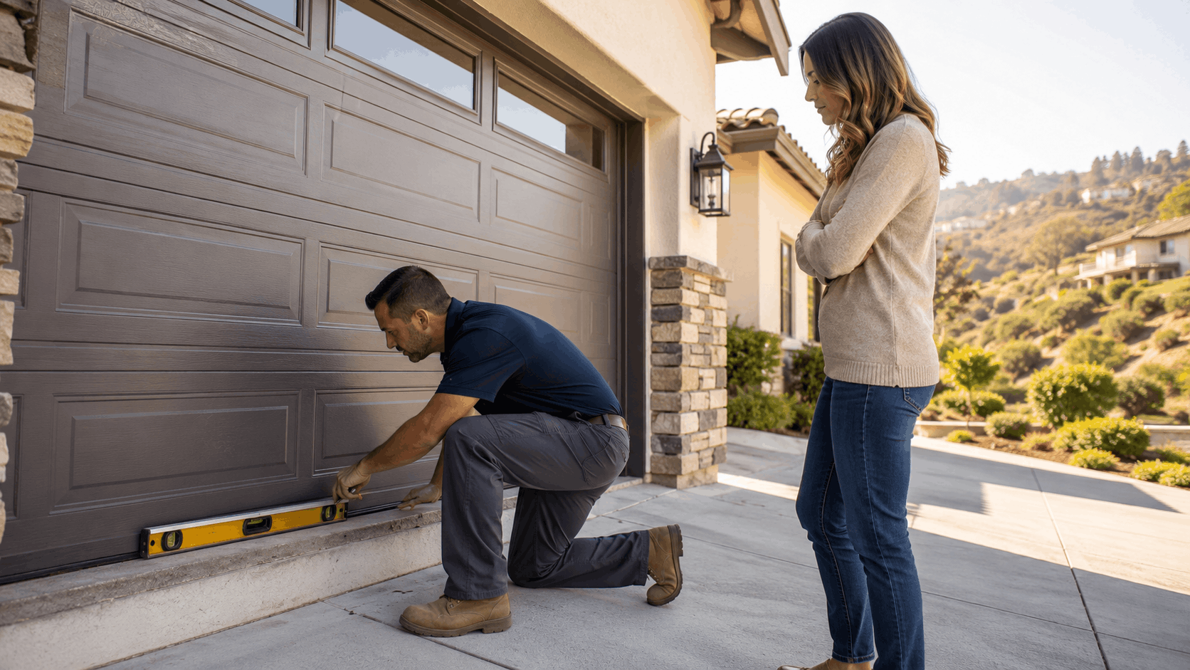 Garage door technician using level tool while homeowner watches in Irvine driveway