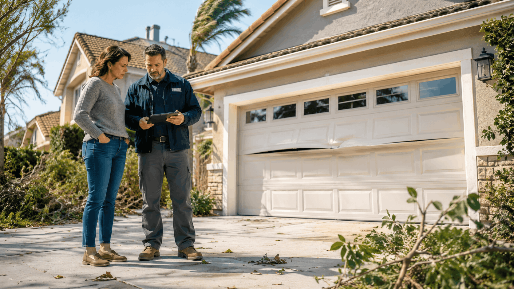 Homeowner and technician reviewing tablet beside wind-damaged garage door in Irvine