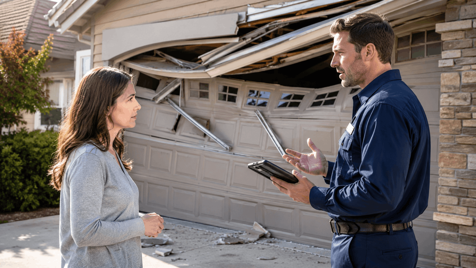 Homeowner discussing uncovered insurance claim with technician beside crashed garage door