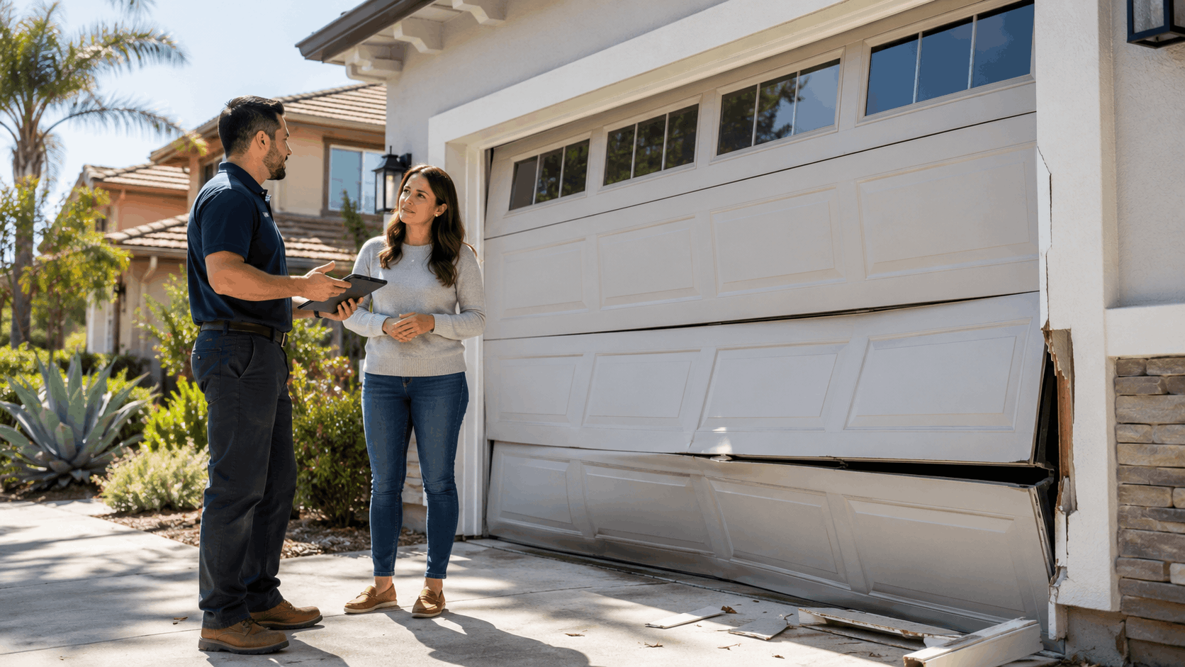 Irvine homeowner discussing damaged garage door insurance claim with repair technician