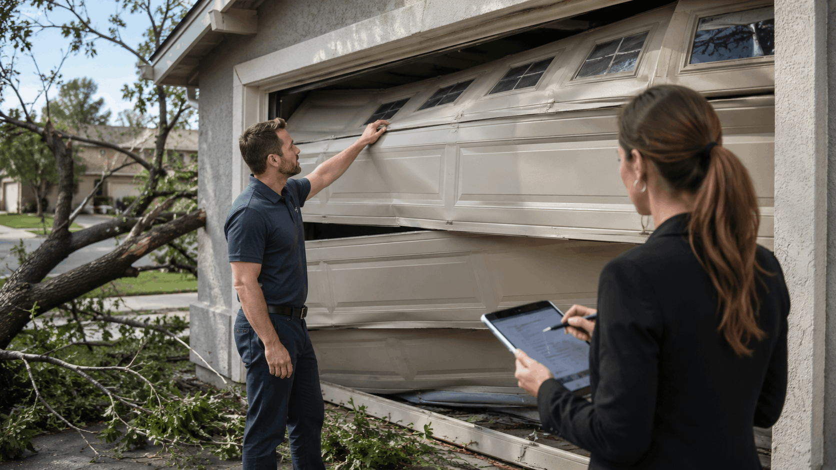 Insurance adjuster and technician inspecting wind-damaged garage door after fallen tree in Irvine