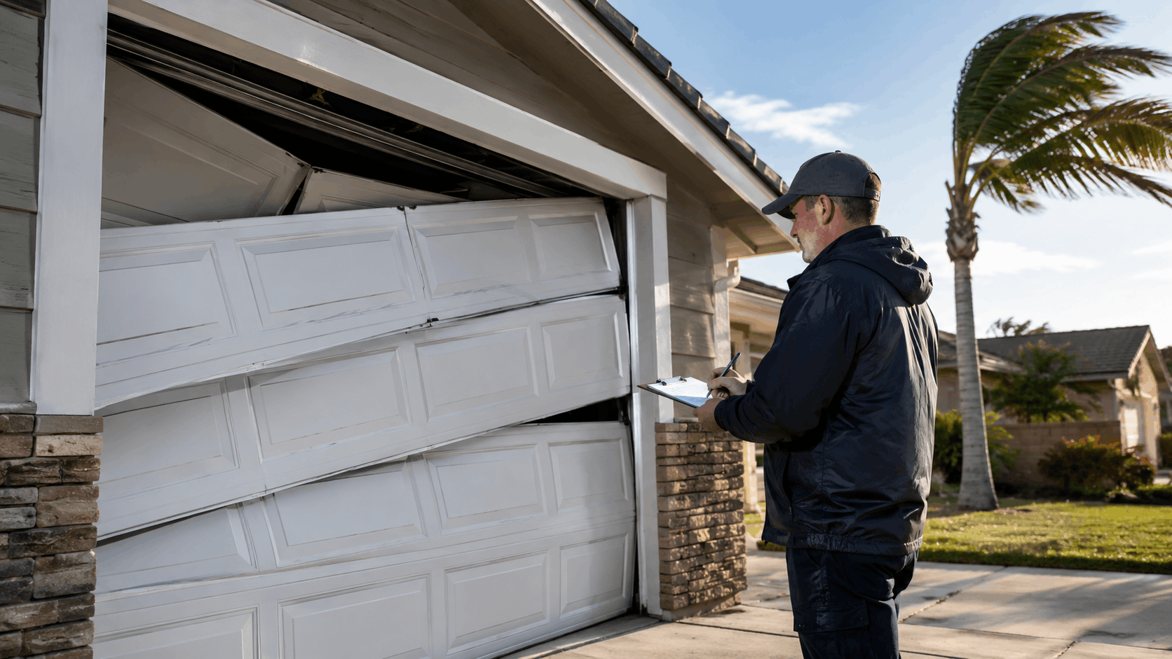 Insurance adjuster inspecting severely damaged garage door after storm in Irvine neighborhood