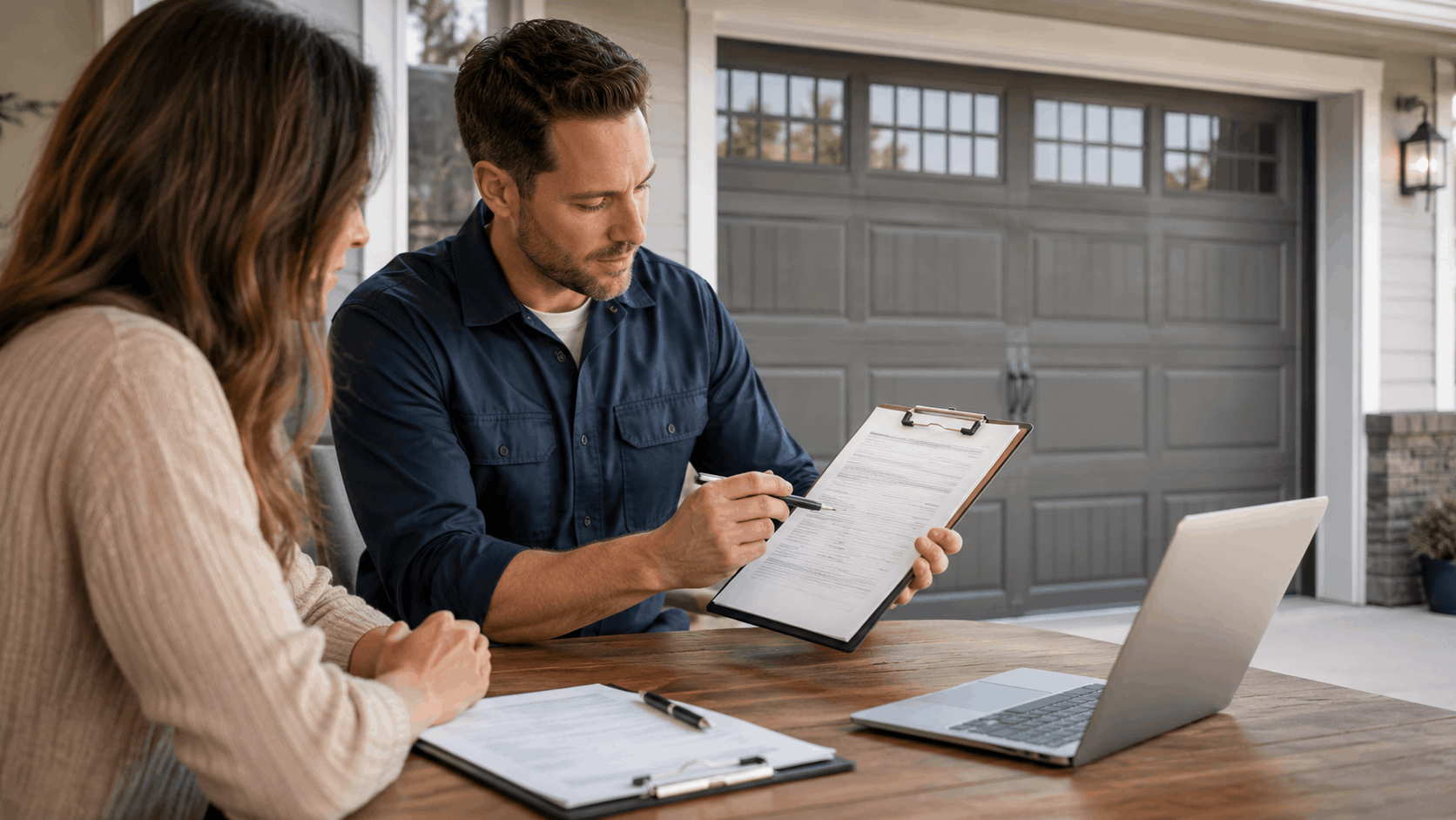 Homeowner reviewing garage door permit paperwork with contractor outside residential garage