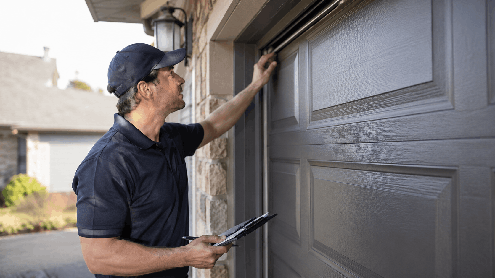 Garage door technician inspecting top seal of gray residential garage door with clipboard