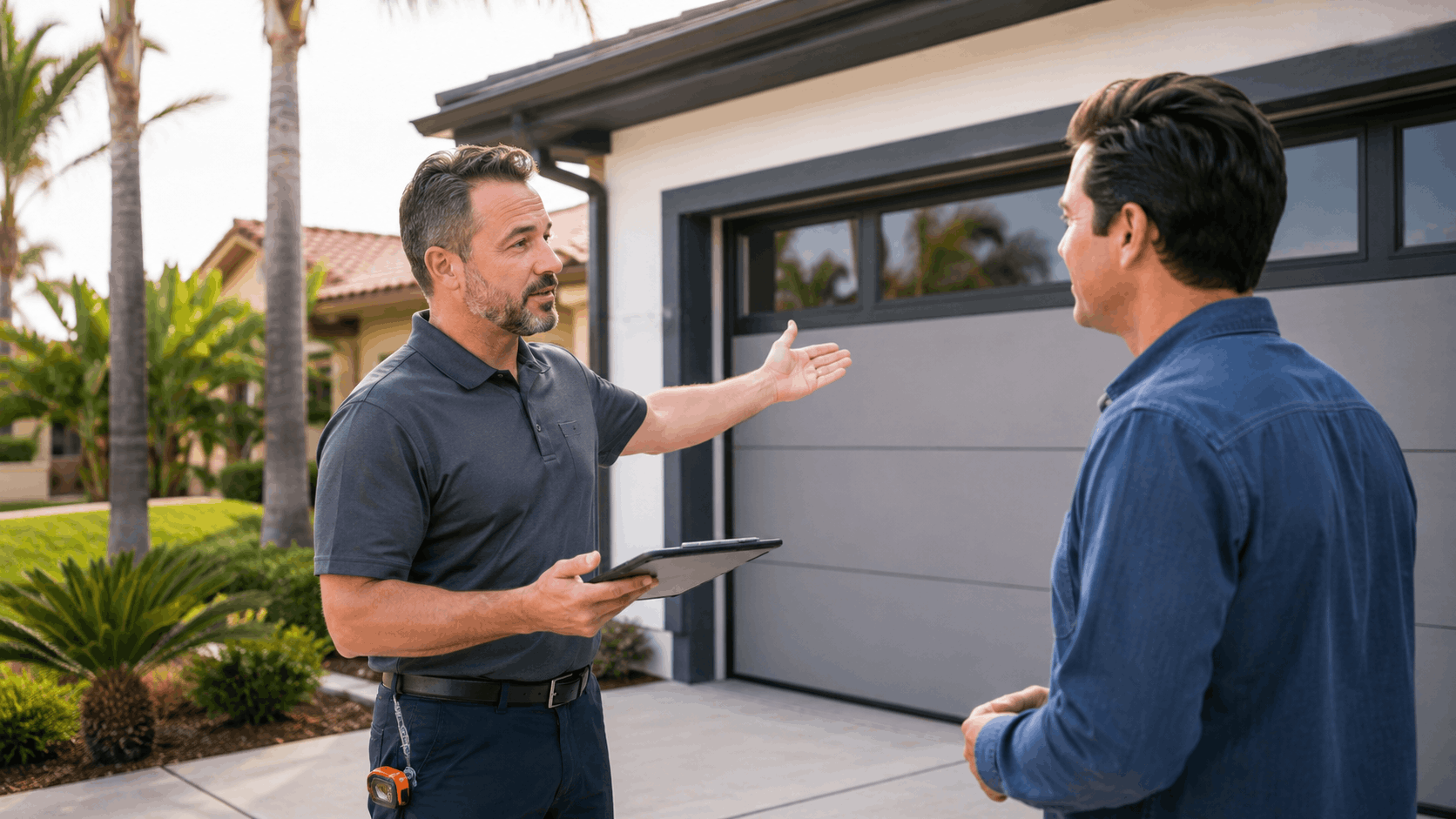 HOA inspector reviewing garage door compliance with Irvine homeowner on driveway