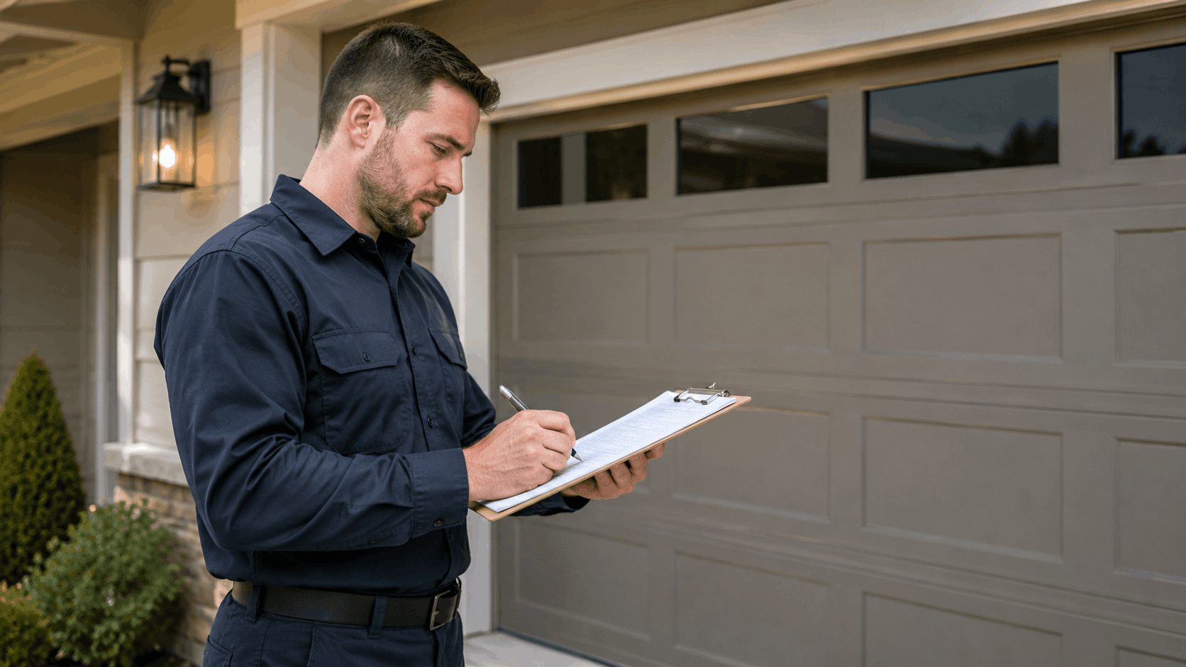 Home inspector in navy uniform writing on clipboard outside residential garage door