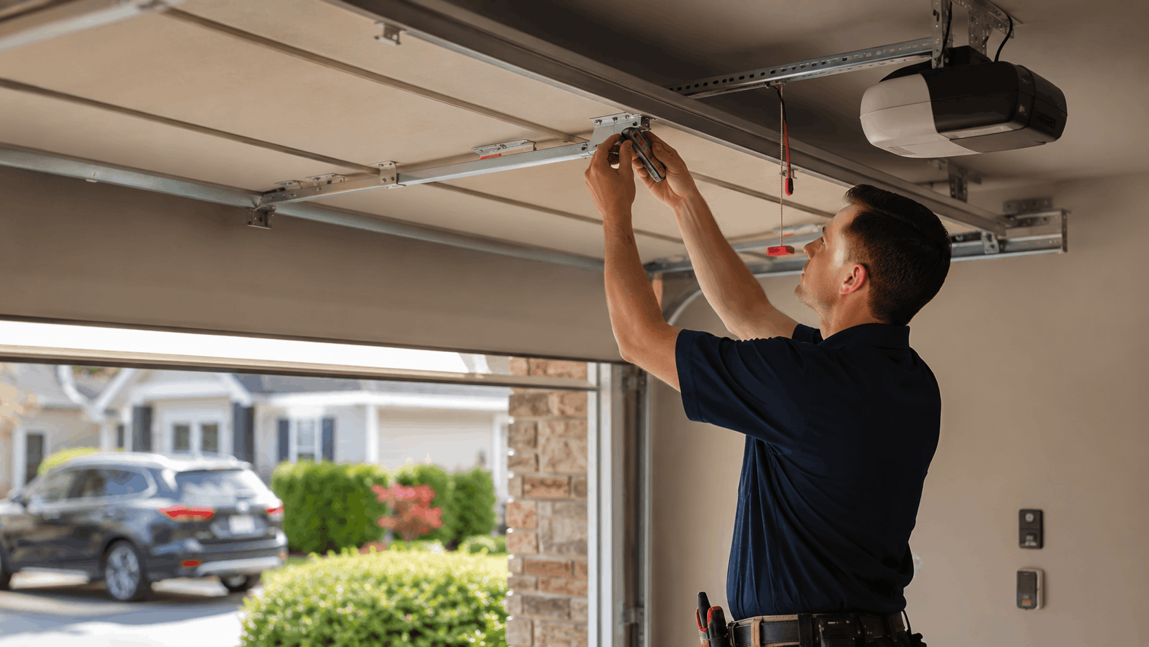Garage door technician installing UL 325 compliant opener track mechanism in Irvine home