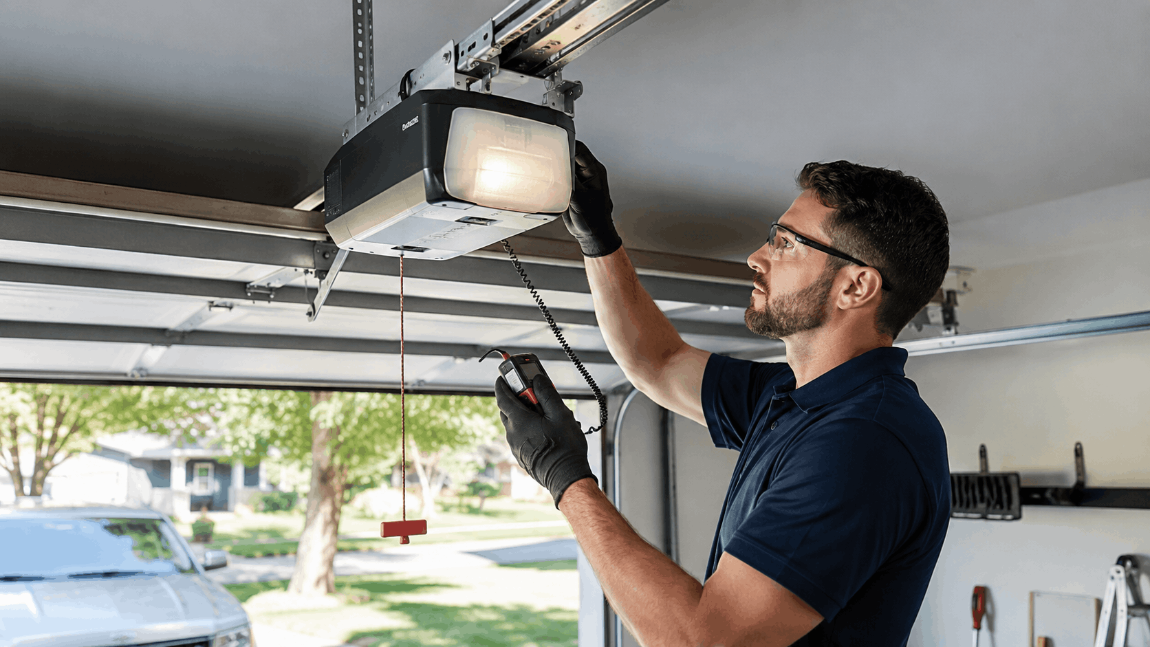 Garage door technician inspecting opener mechanism with diagnostic tool in Irvine home