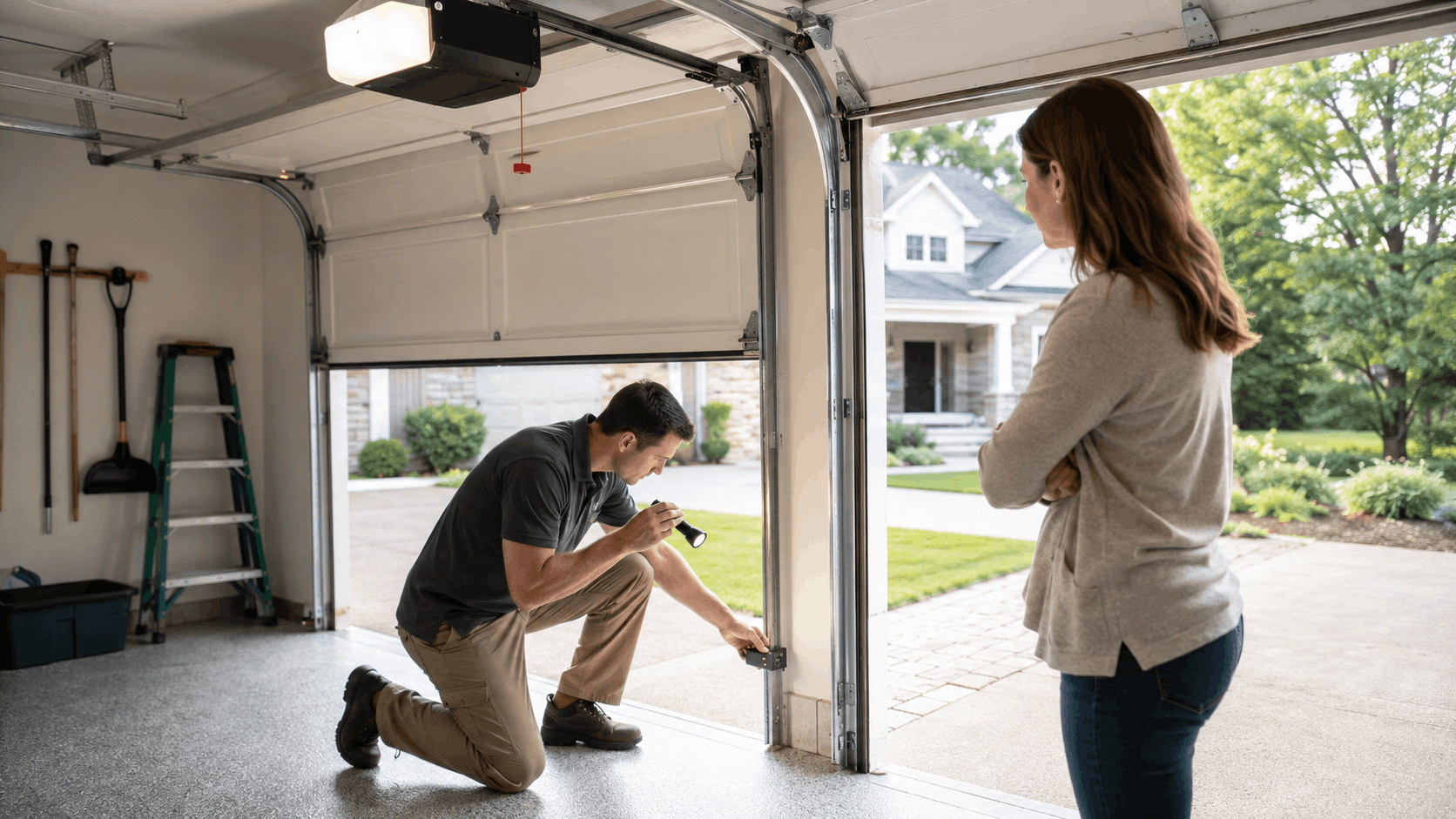 Technician inspecting garage door opener safety sensors while homeowner watches in Irvine