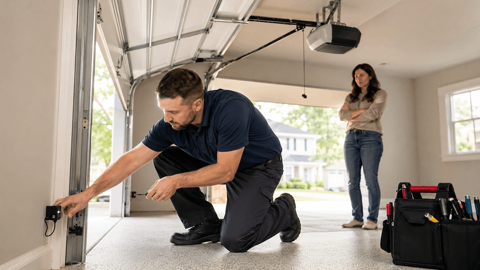 Garage door technician inspecting safety sensor while homeowner watches in Irvine garage