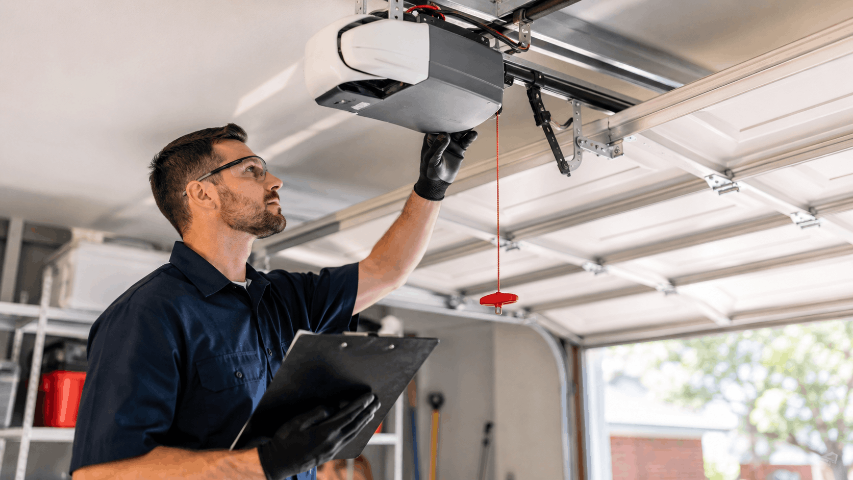Garage door technician inspecting overhead opener motor system in Irvine residential garage