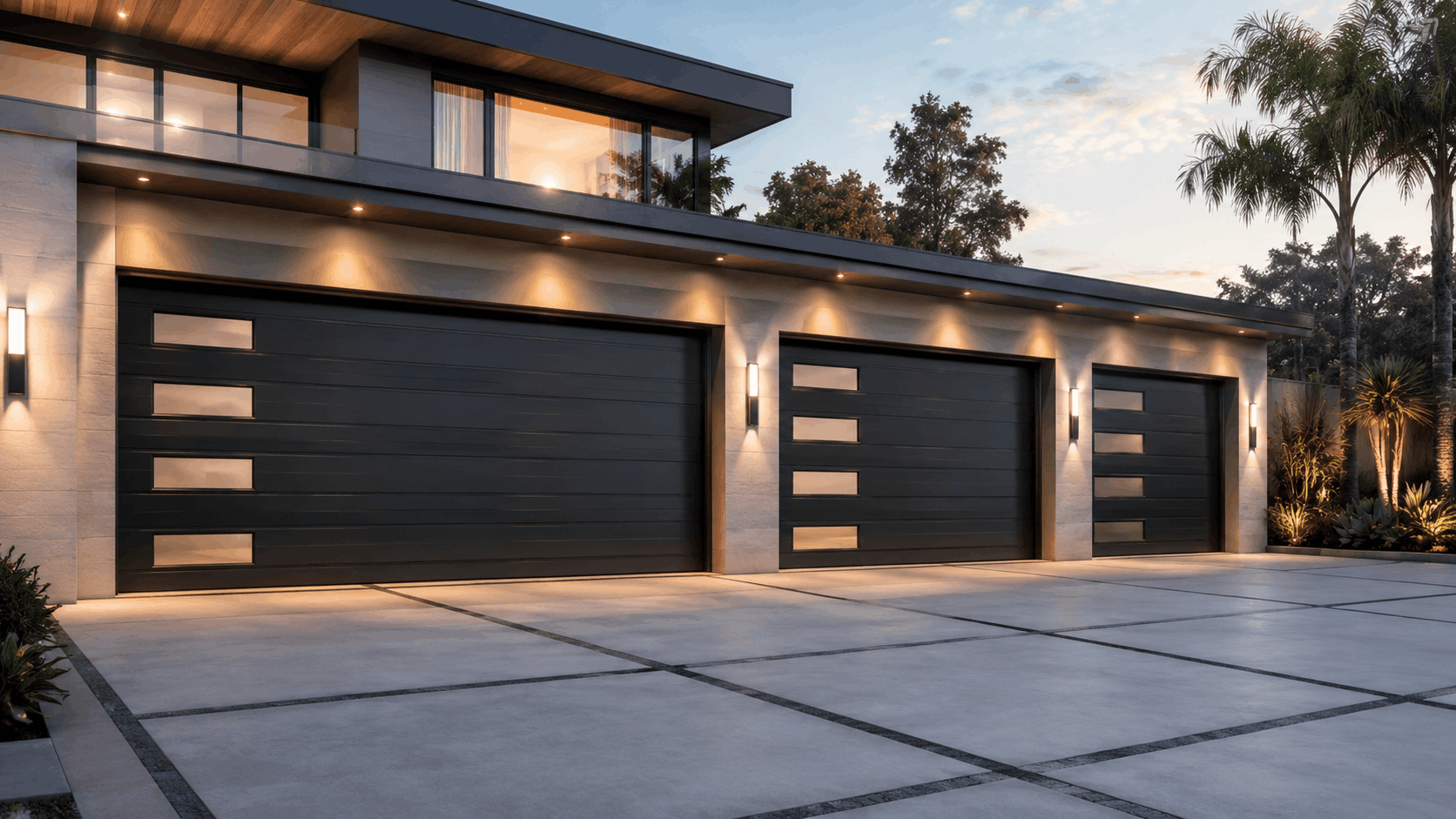 Modern three-car estate garage doors with black panels and windows in Yorba Linda