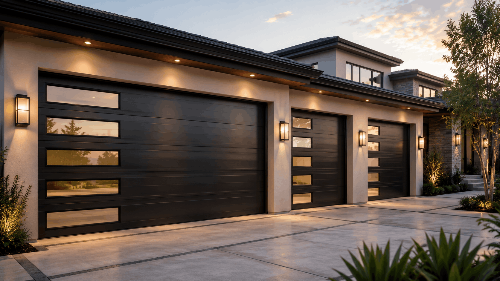 Modern dark steel estate garage doors with horizontal glass panels on Irvine luxury home