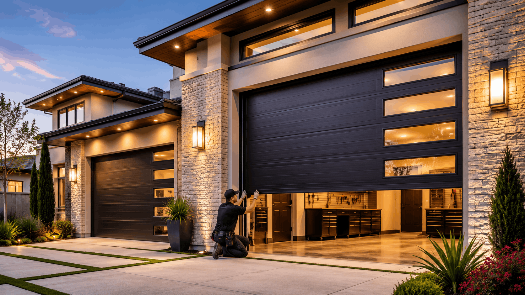 Technician installing large dark modern garage door opener on luxury Irvine home