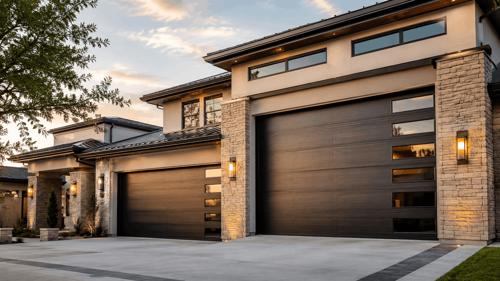 Modern estate garage doors with stone accents and windows on luxury Yorba Linda home