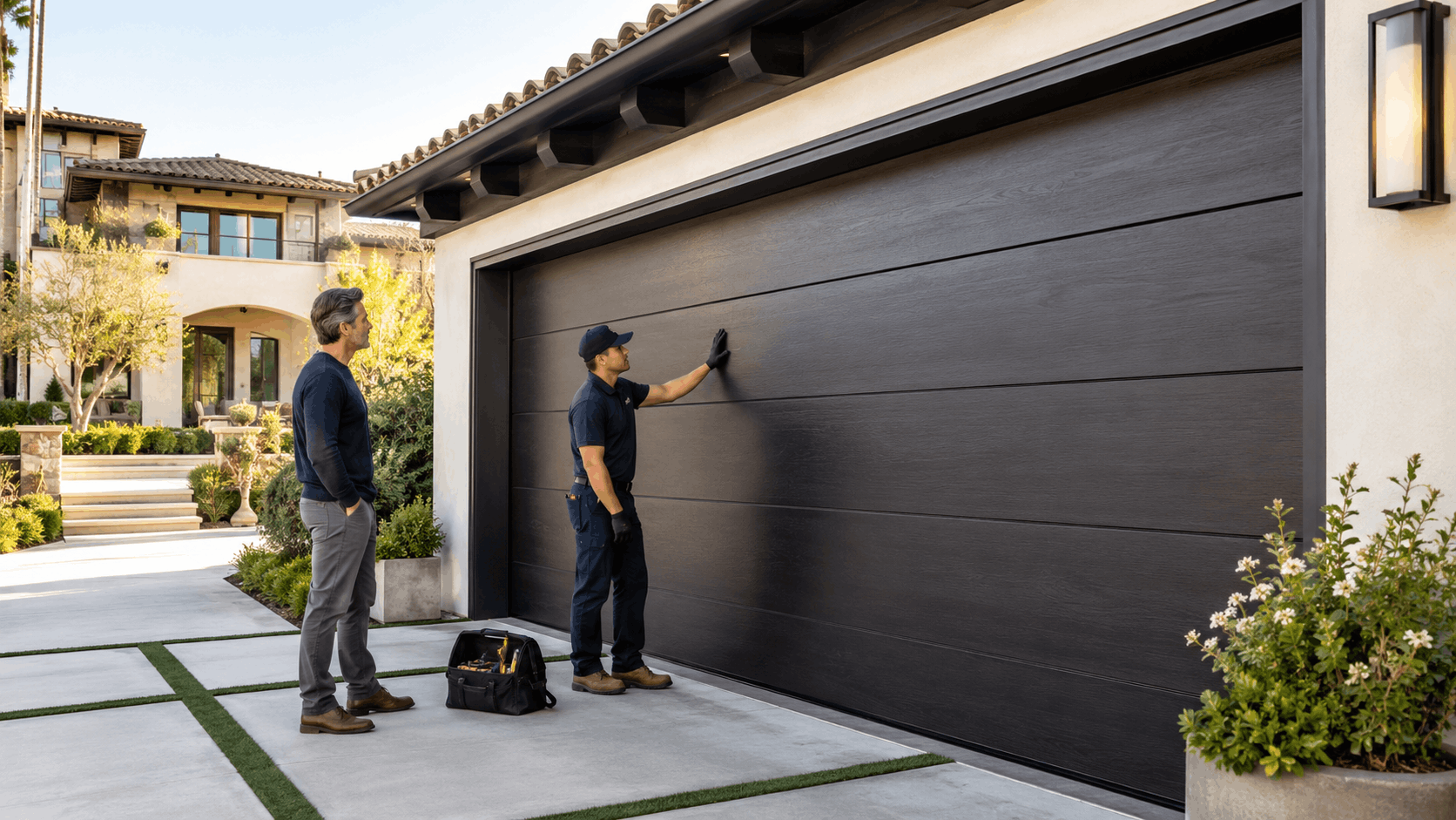 Garage door technician inspecting modern black garage door with homeowner in Irvine