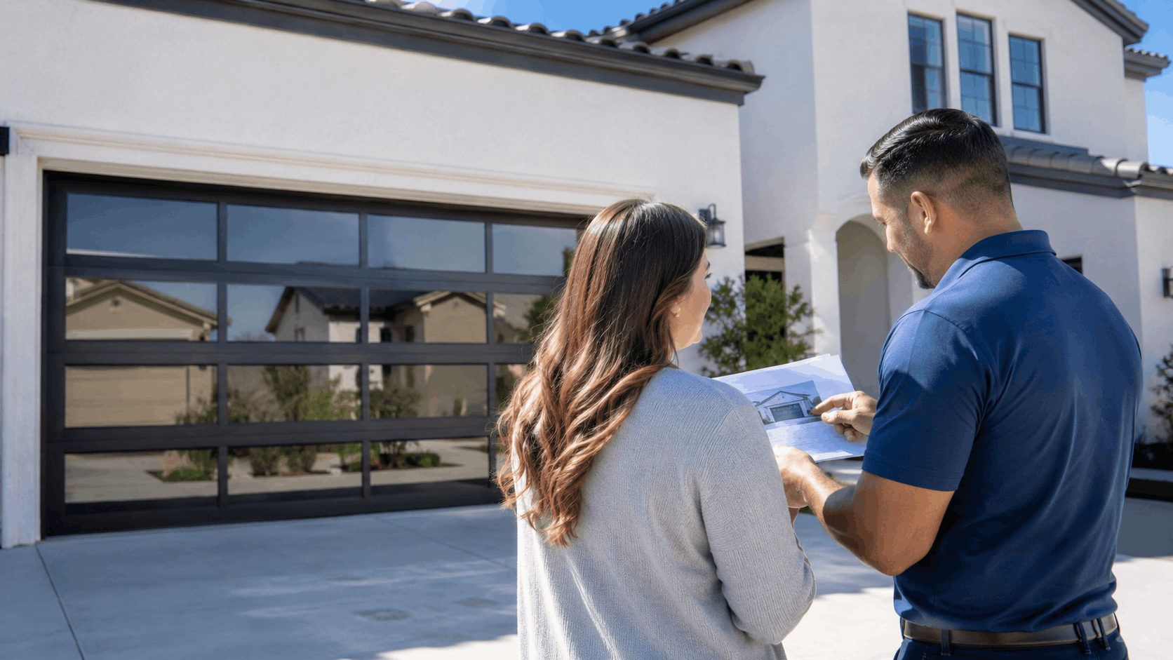 HOA consultant reviewing garage door replacement plans with Irvine homeowner outside modern home