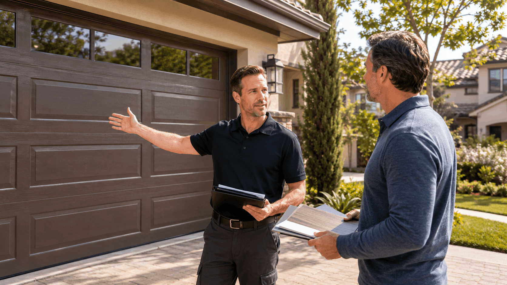 HOA representative reviewing garage door approval documents with Irvine homeowner outdoors