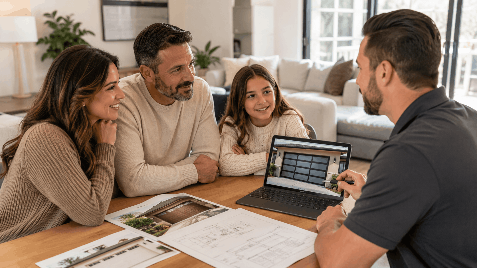 Family consulting with garage door specialist reviewing styles on laptop at home