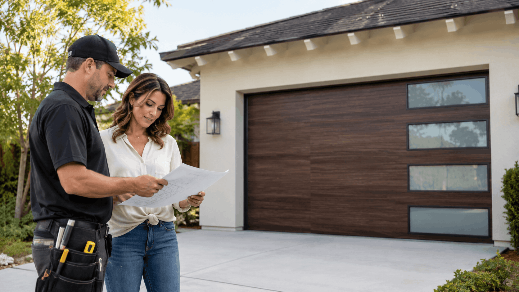 Garage door technician reviewing installation plans with Irvine homeowner outside modern home