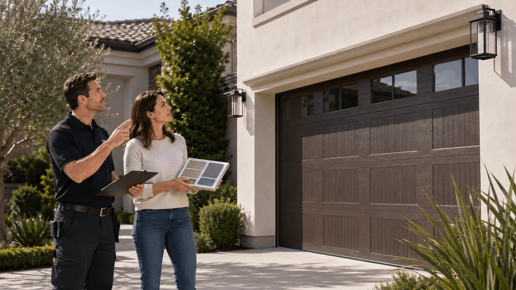 Garage door technician consulting homeowner on new door styles outside Irvine residence