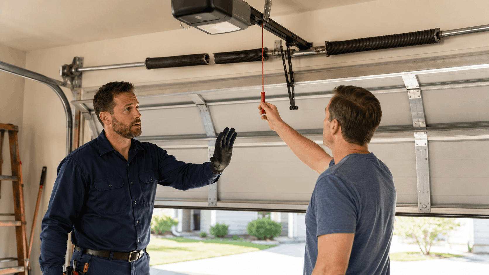 Garage door technician warning homeowner not to pull red emergency release cord in Irvine