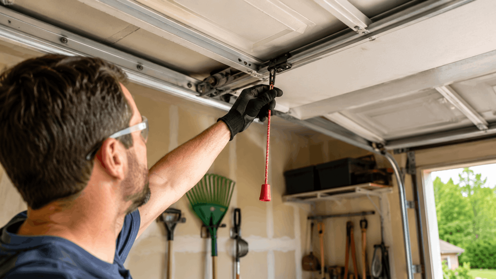 Technician pulling red emergency release cord on garage door opener track in Irvine