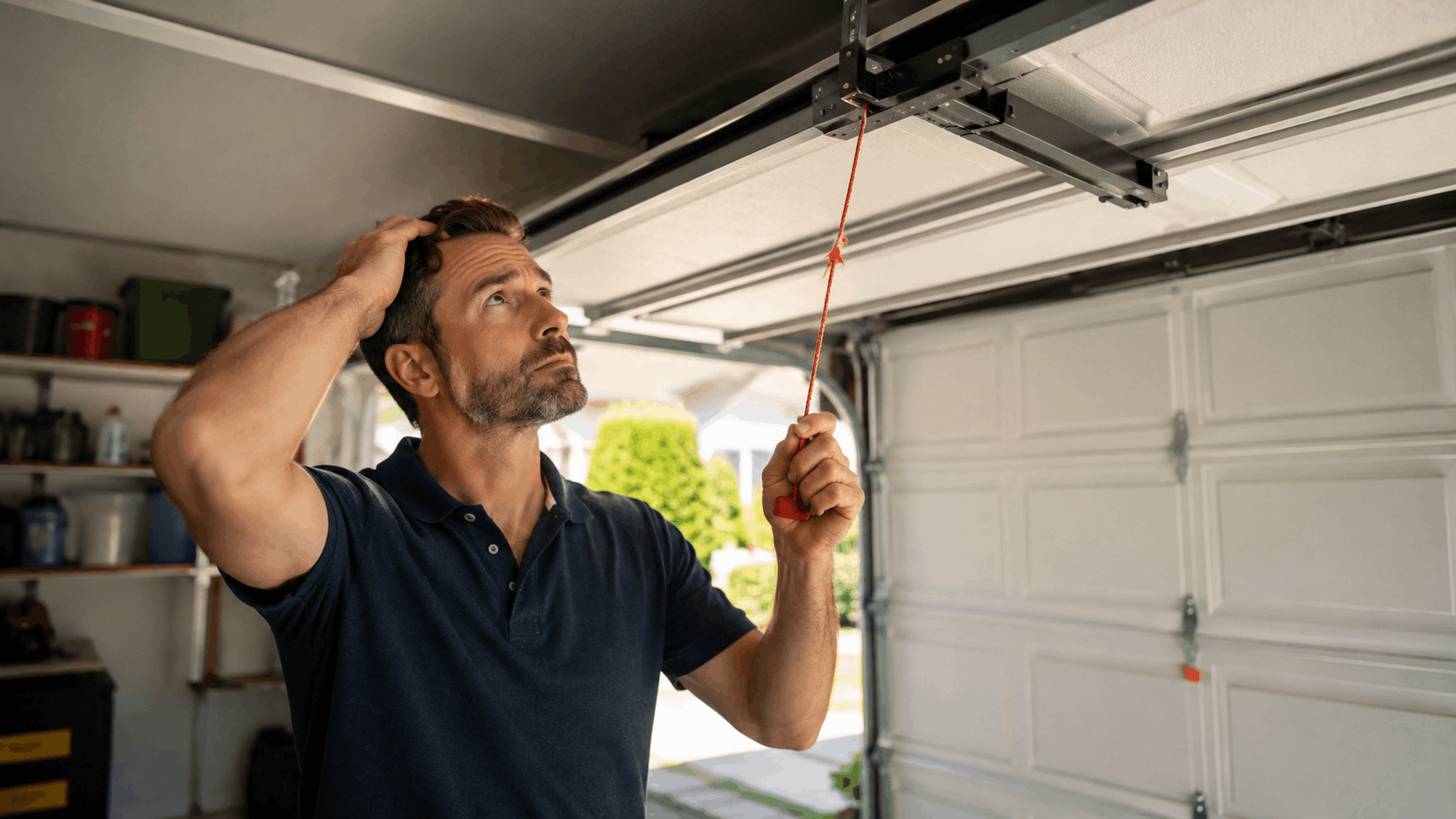 Confused Irvine homeowner pulling red emergency release cord on garage door opener