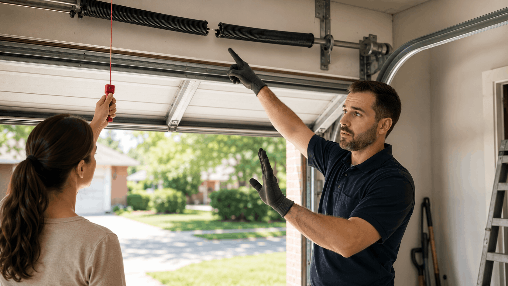 Garage door technician explaining broken torsion spring failure to Irvine homeowner