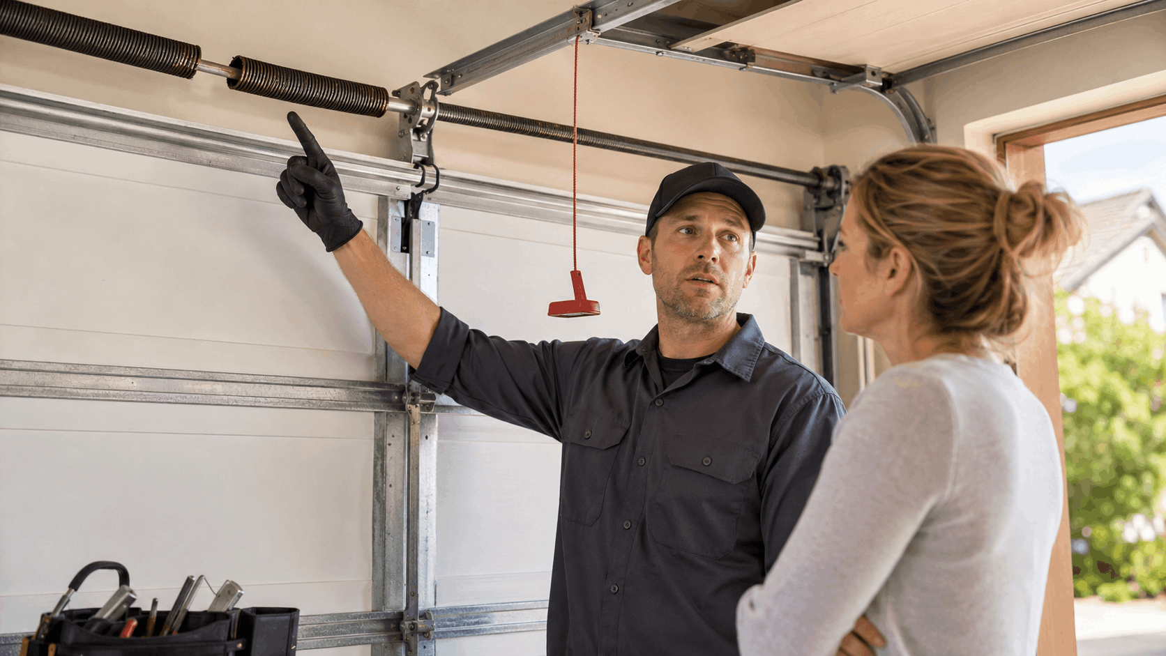 Garage door technician explaining torsion spring system to Irvine homeowner during inspection