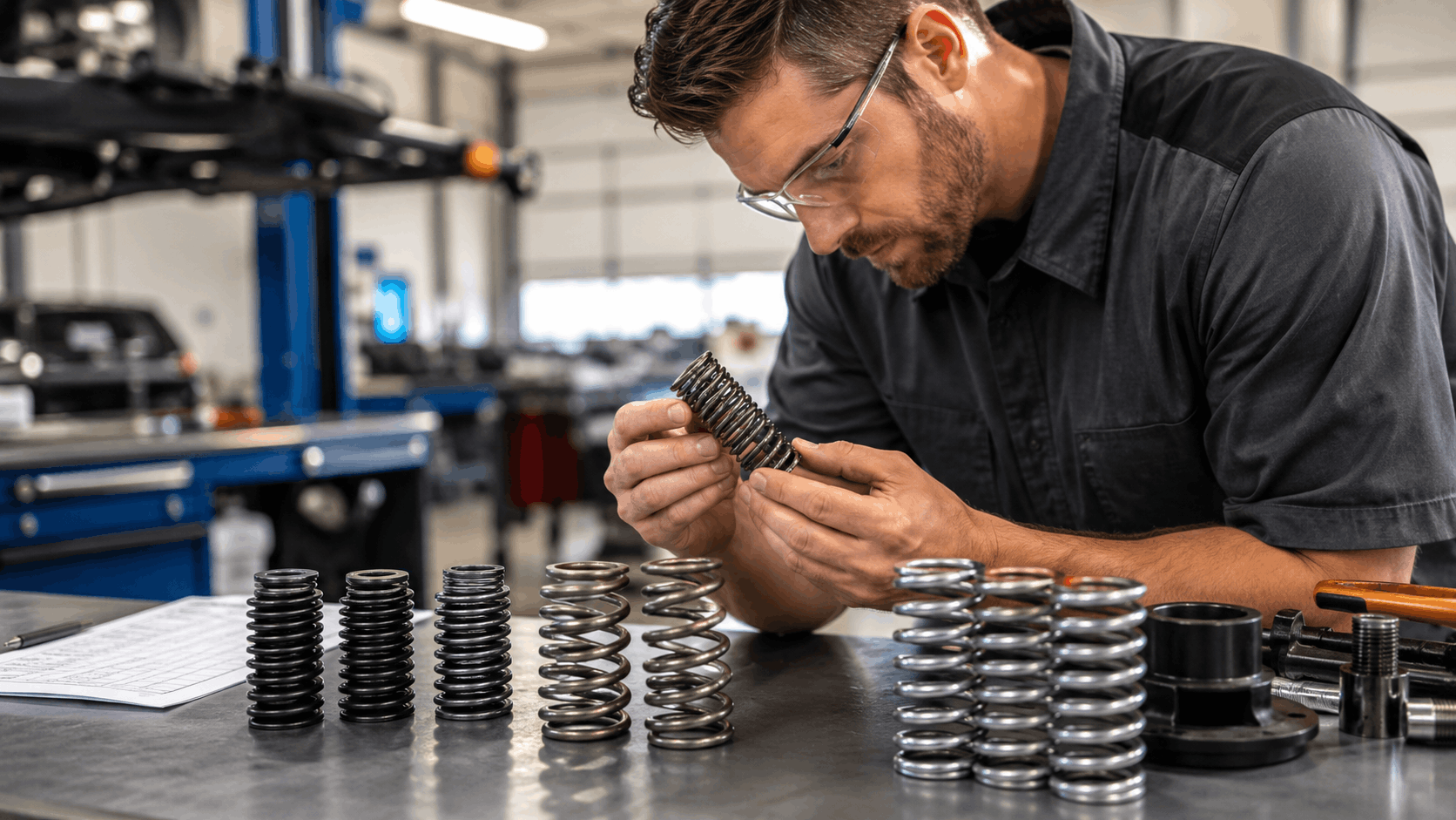 Mechanic inspecting coiled garage door springs on workbench in repair shop